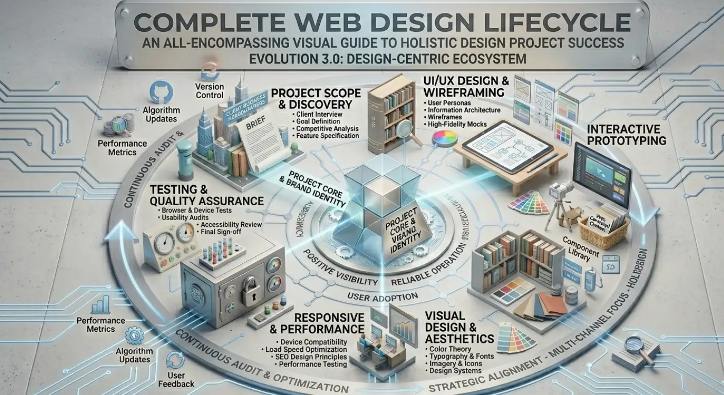 Complete web design lifecycle diagram covering project scope, UI/UX wireframing, interactive prototyping, visual design, responsive development, and quality assurance for Dubai web development services as a part of best digital marketing services in Dubai