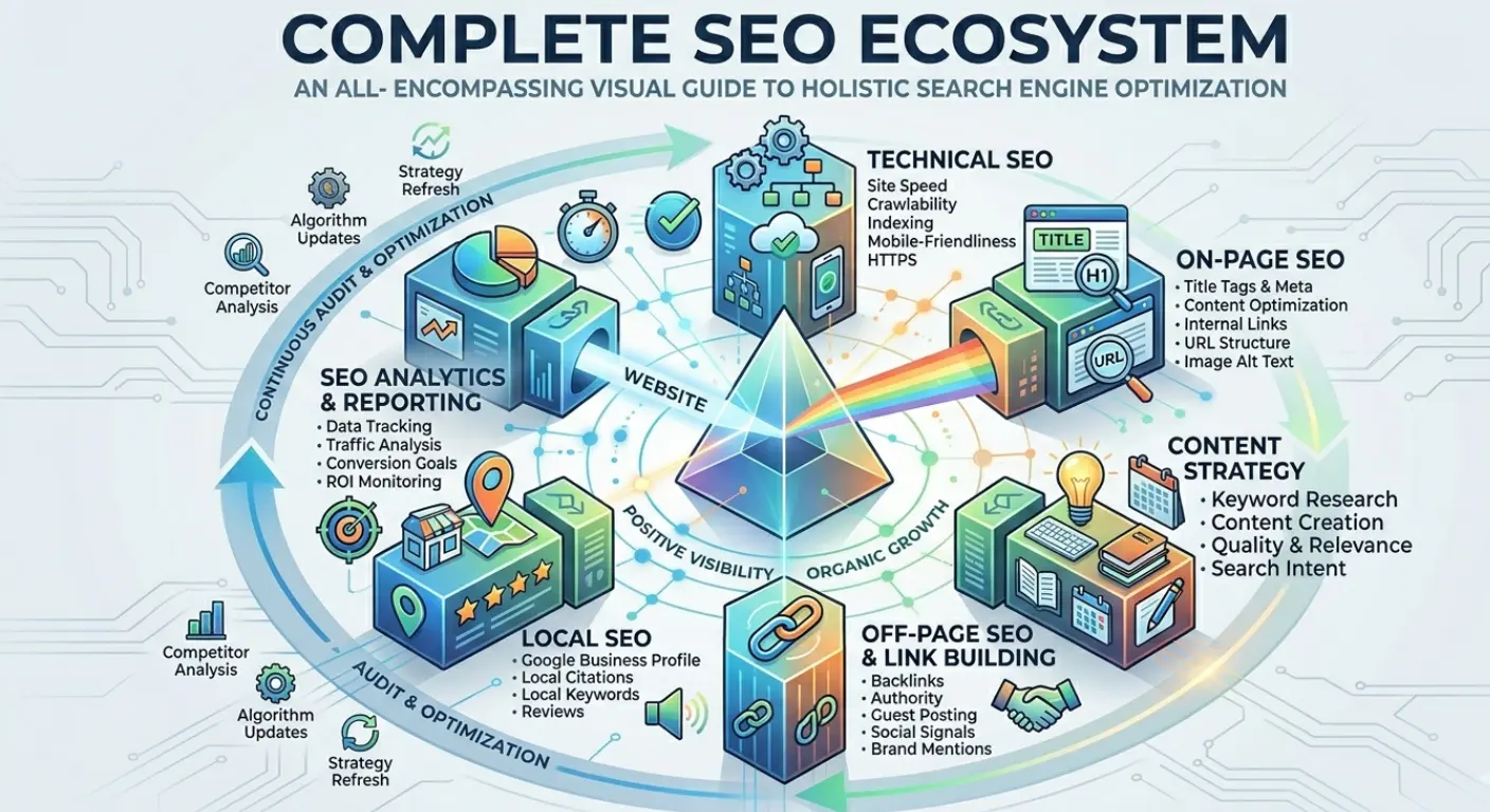 Complete SEO ecosystem diagram illustrating technical SEO, on-page optimisation, content strategy, off-page link building, local SEO for Dubai, and analytics reporting for search engine rankings in UAE AS BASED ON MY digital marketing services in Dubai