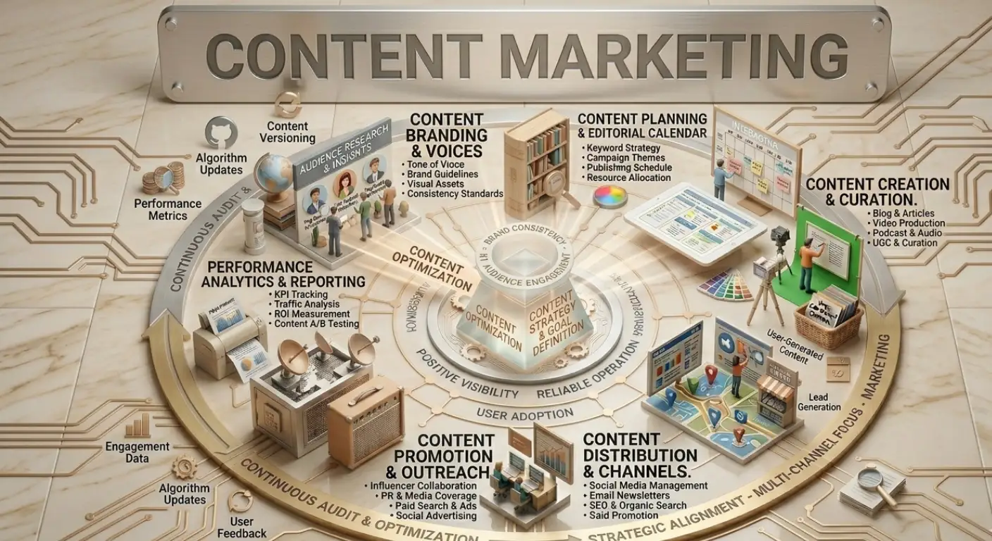 Content marketing strategy diagram showing audience research, content planning, creation, distribution, and performance analytics for digital marketing services in Dubai