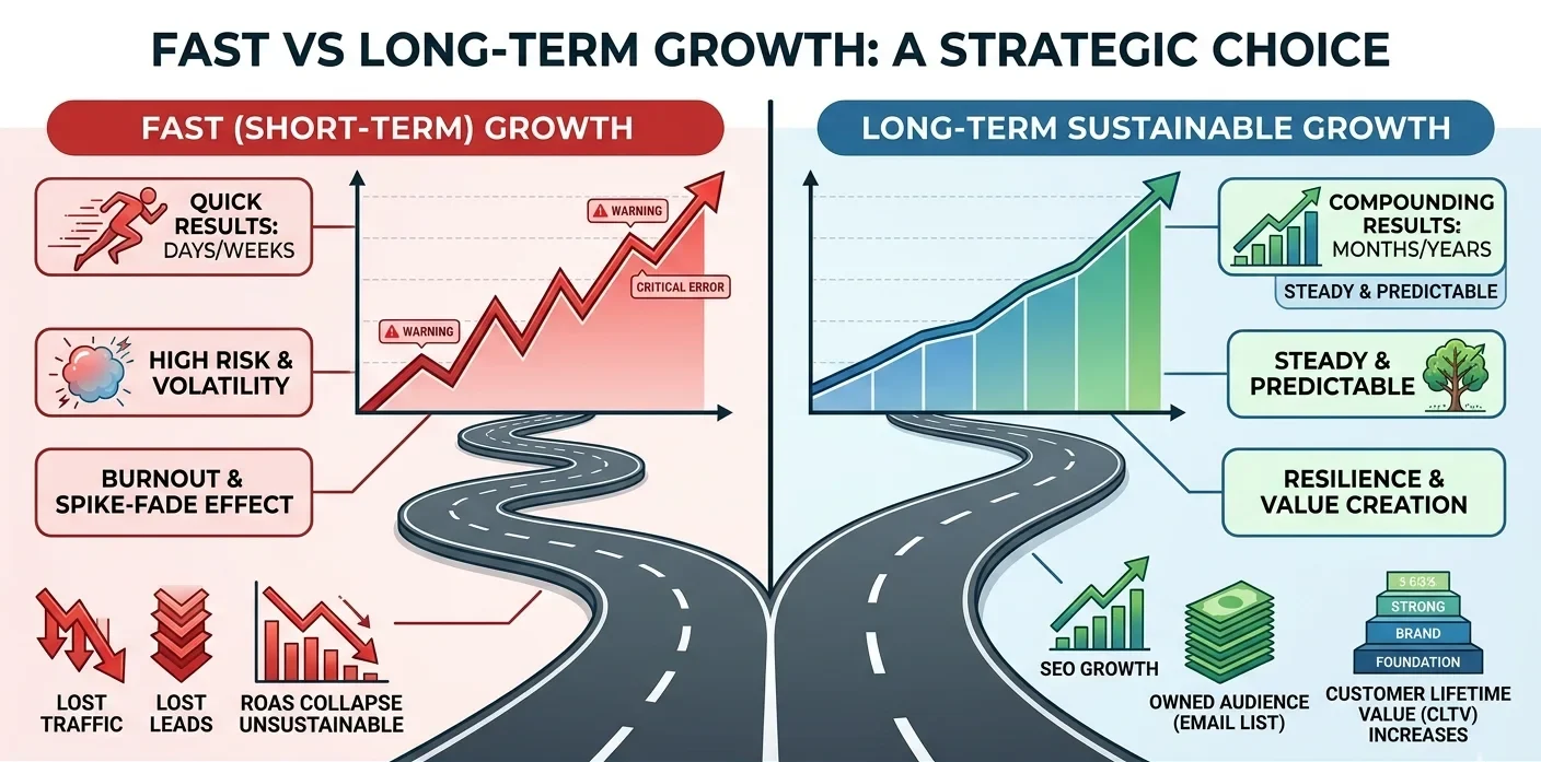 fast vs long-term marketing strategy in Dubai comparing paid ads vs SEO for sustainable business growth