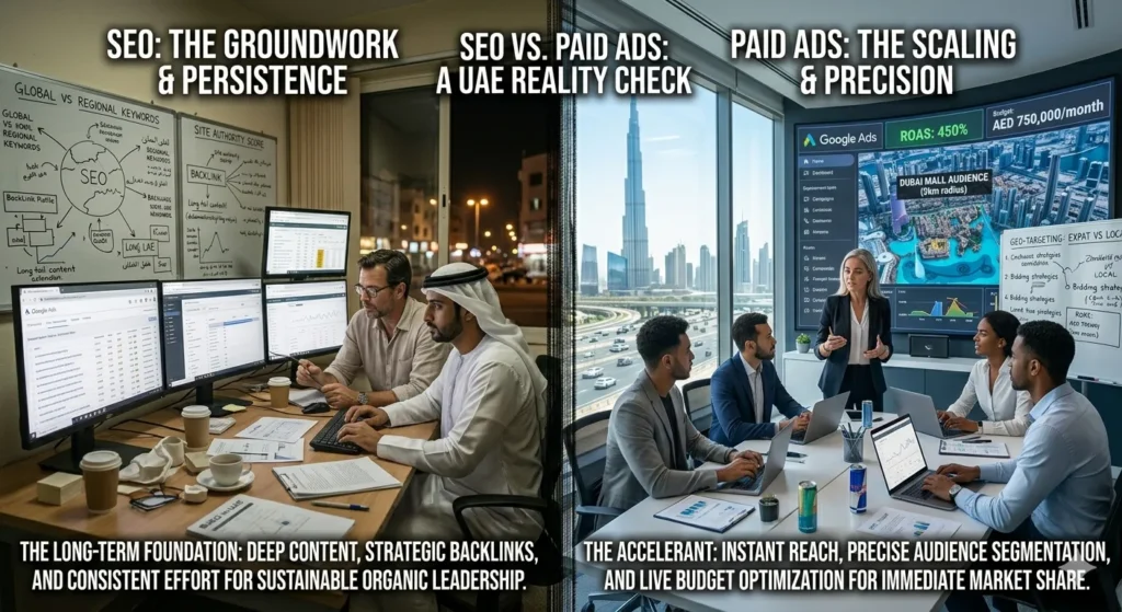 SEO vs paid ads in UAE digital marketing strategy showing business growth planning in Dubai with Google Ads and SEO analysis