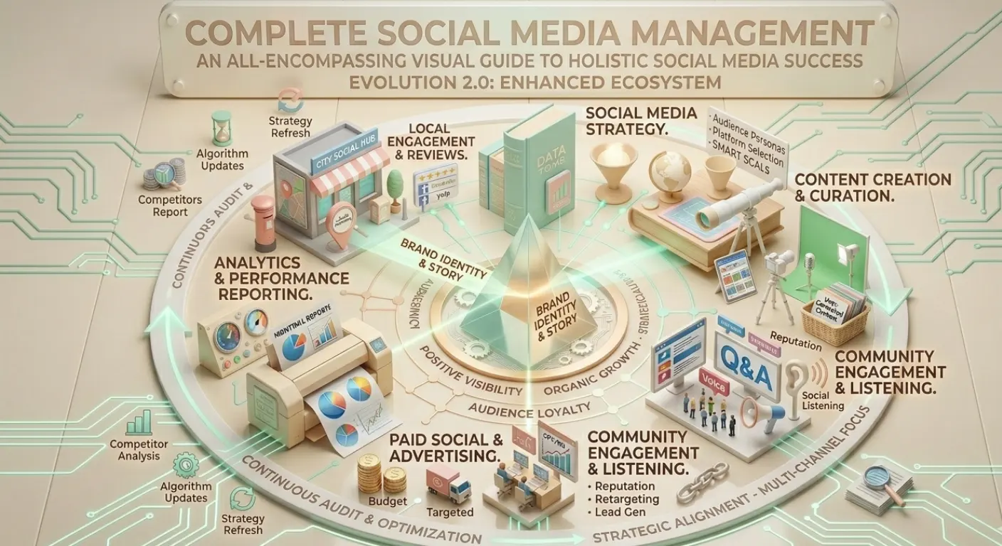 Complete social media management framework showing brand strategy, content creation, community engagement, paid social advertising, analytics reporting, and local audience targeting for UAE businesses