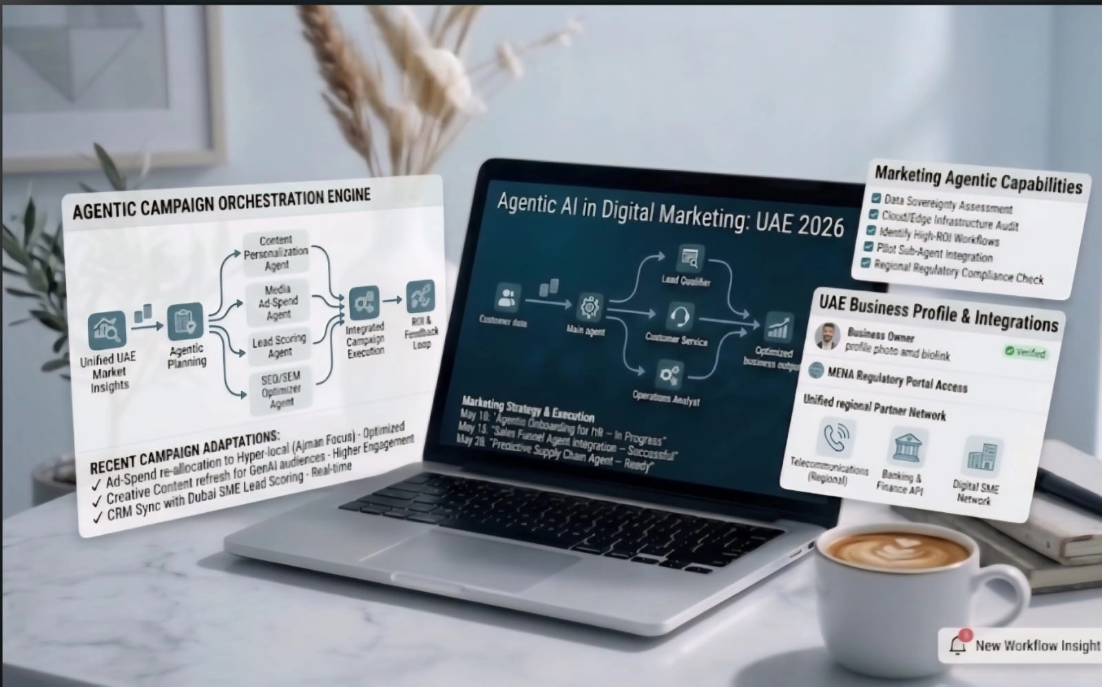 Agentic AI in digital marketing UAE 2026 showing campaign orchestration engine and AI agent workflow for businesses in Ajman and Dubai and all across UAE by freelance digital marketing expert in Ajman