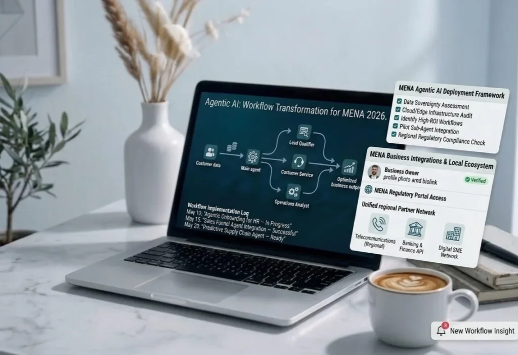 Agentic AI in digital marketing UAE 2026 showing campaign orchestration engine and AI agent workflow for businesses in Ajman and Dubai