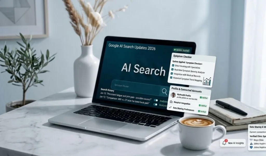 A laptop on a modern marble desk displaying a simulated "Google AI Search Updates 2026" interface focused on advanced health symptom tracking features, next to a coffee cup and notebooks.