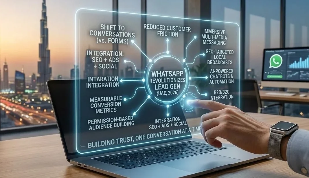 WhatsApp lead generation strategy for UAE businesses in 2026 showing key concepts including Click-to-WhatsApp ads AI chatbots SEO integration and conversation-based marketing with Dubai skyline in background